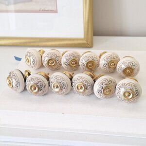 12 vintage looking knobs hardware pulls - ornate brass and beige silver
